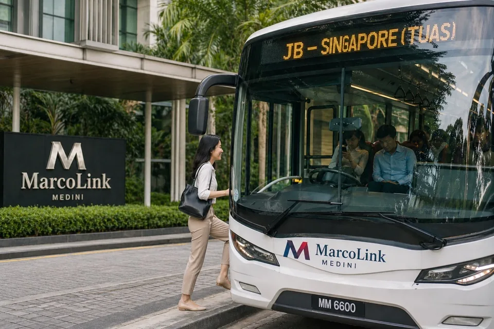 The M Macrolink Medini 直达新加坡免费巴士 — 13 分钟到第二关口