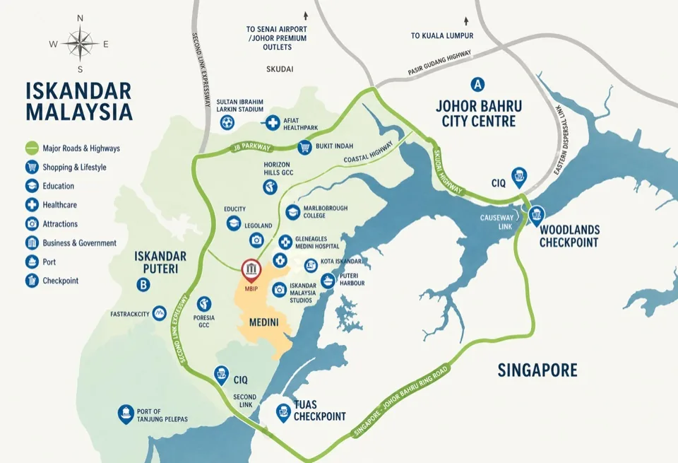 The M Macrolink Medini 位置地图 — 美迪尼 Iskandar Puteri 到新加坡只需 13 分钟
